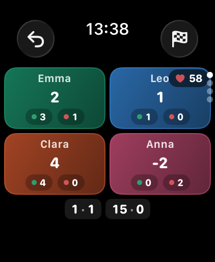 Tap a player to log a point on Apple Watch