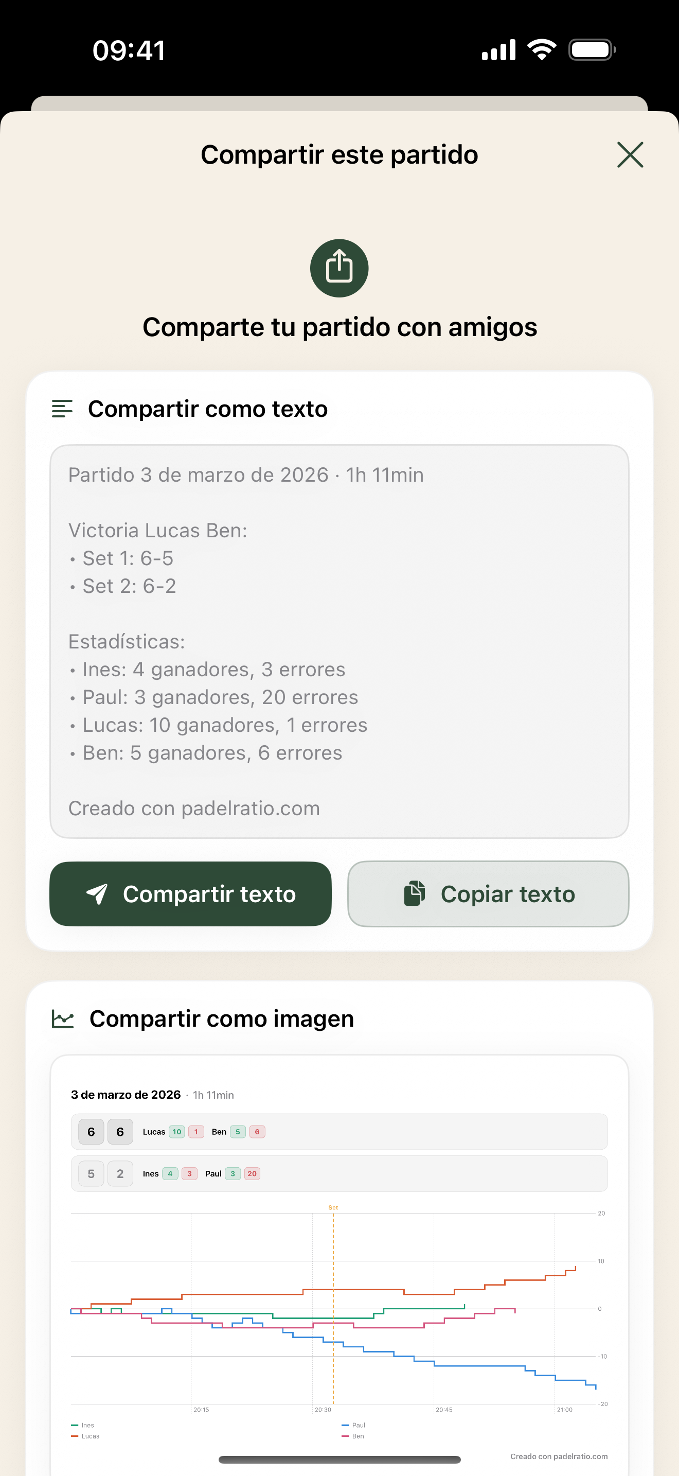 Share this match sheet on PadelRatio
