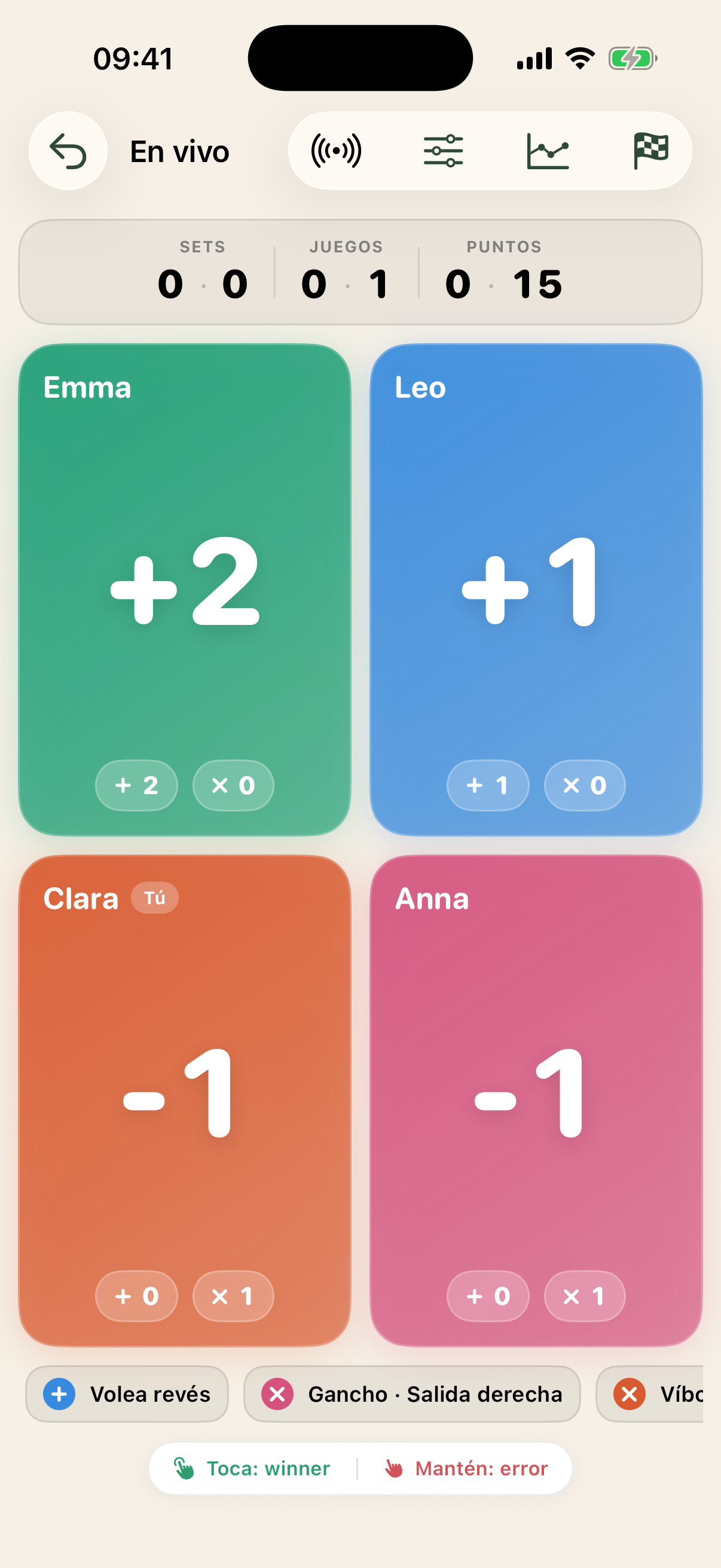 PadelRatio spectator mode on iPhone