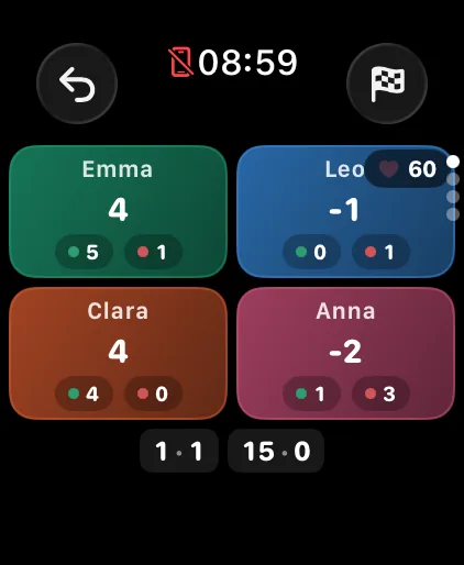 Tap a player to log a point on Apple Watch