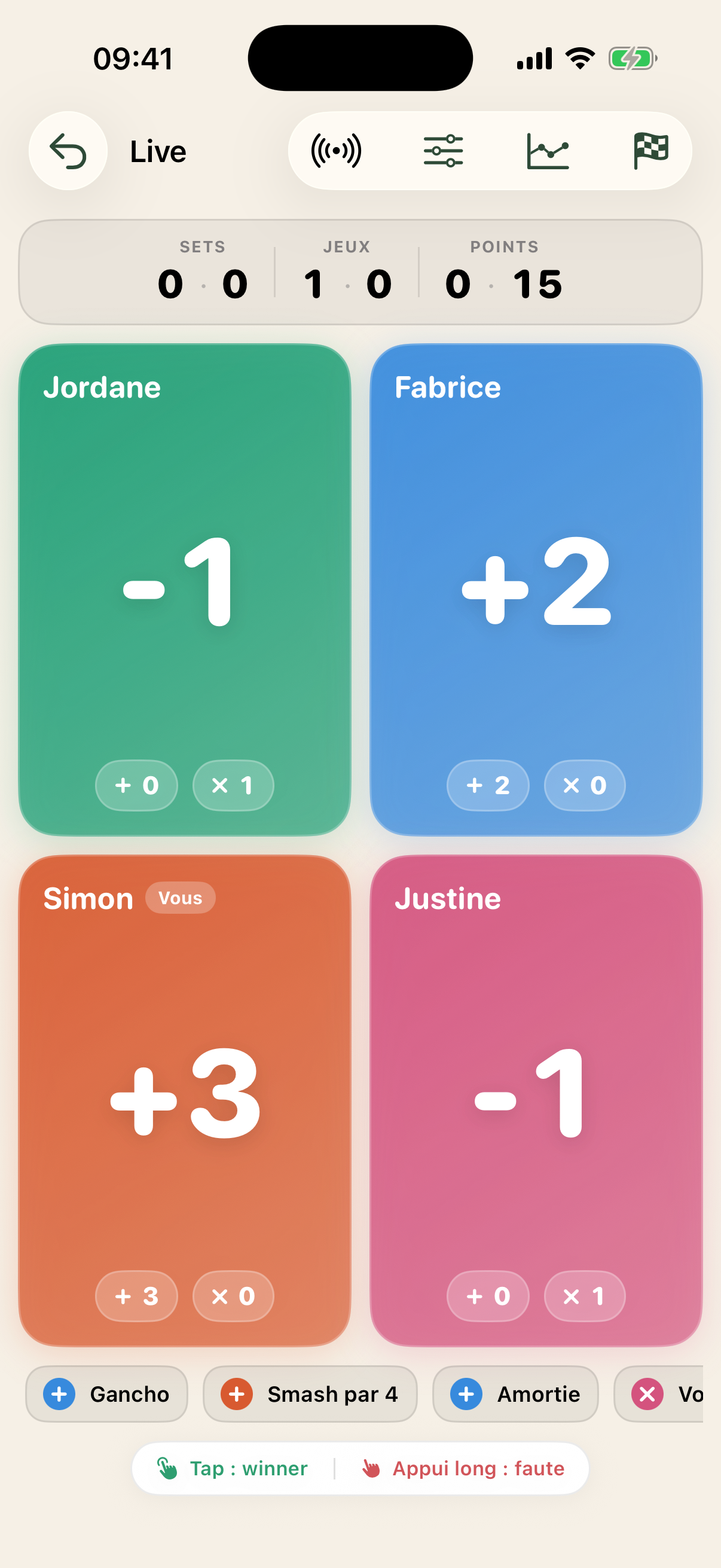 PadelRatio spectator mode on iPhone