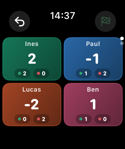 Tap a player to log a point on Apple Watch