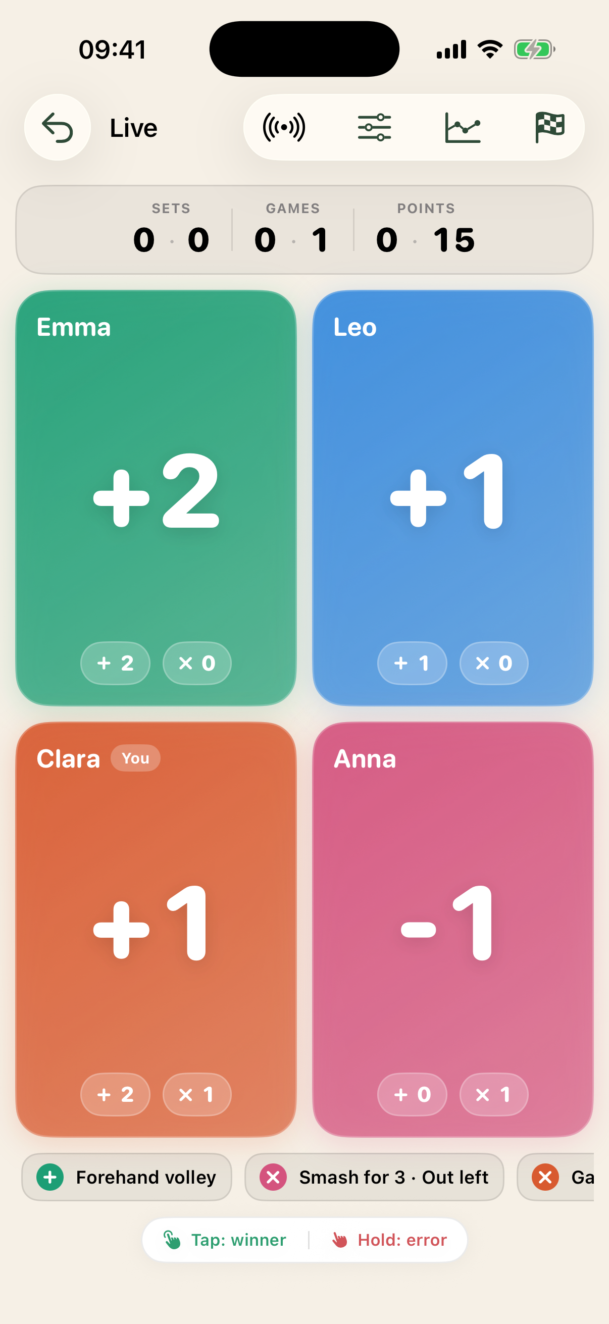 PadelRatio spectator mode on iPhone